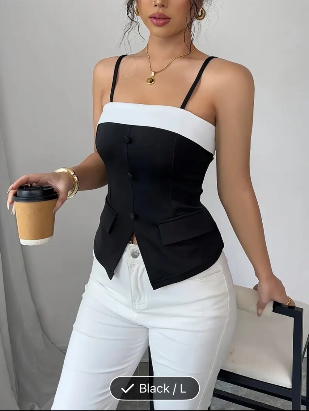 Chic Two-Tone Black & White Strap Corset waistcoat Top